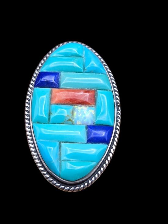 Jewelry - Sterling Silver Turquoise Lapis Opal Spiny Oyster Ring, Feather Mark, Size 8.25